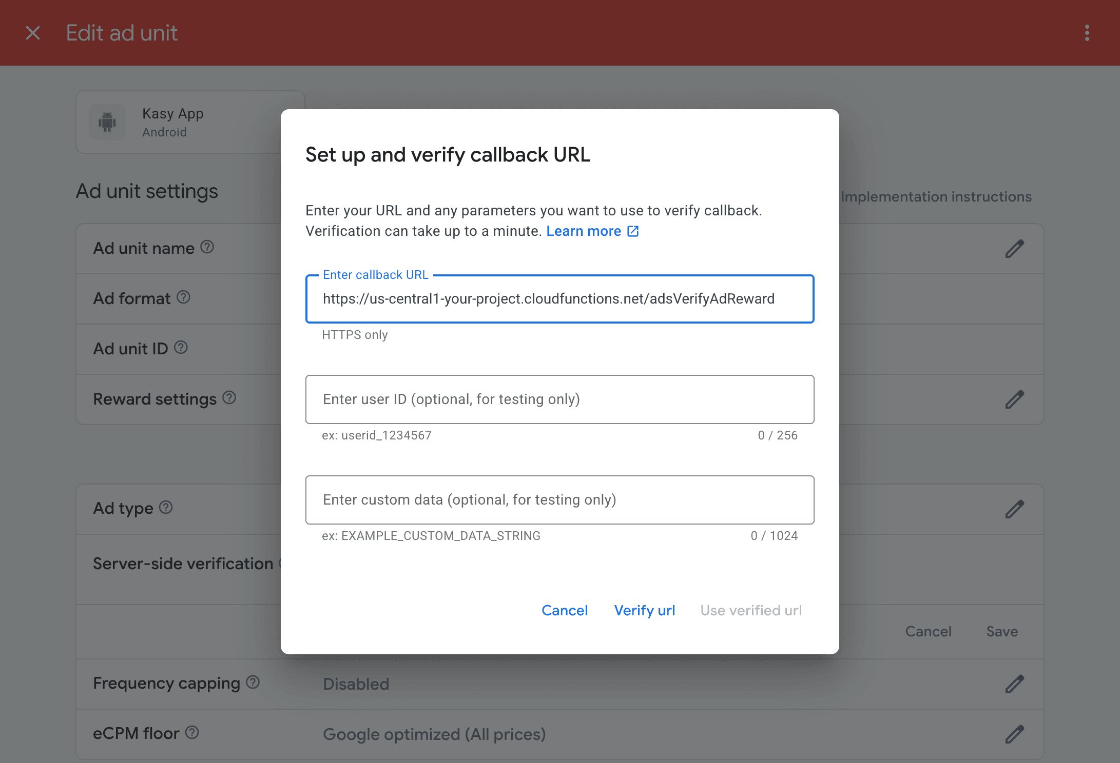 SSV callback URL field filled in on AdMob