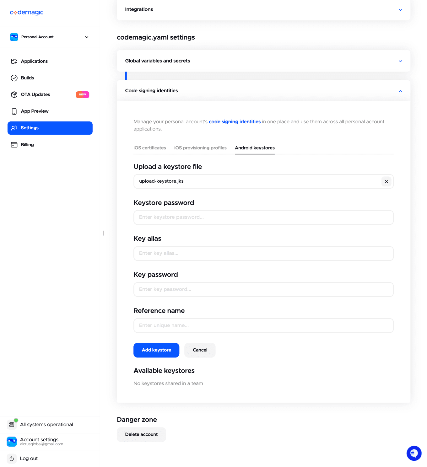 Android keystore upload form in Codemagic, empty fields