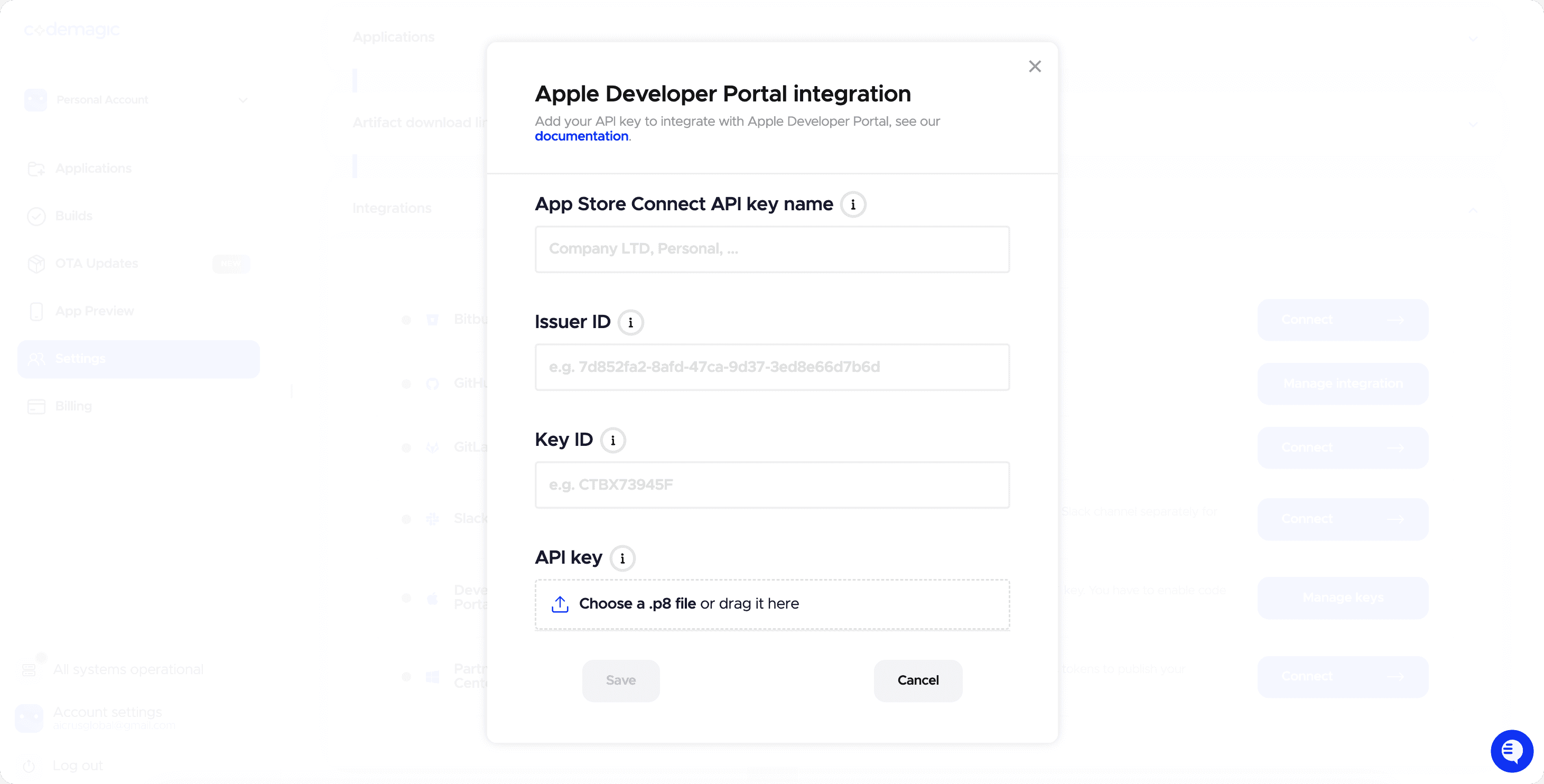 Developer Portal integration form in Codemagic, empty fields