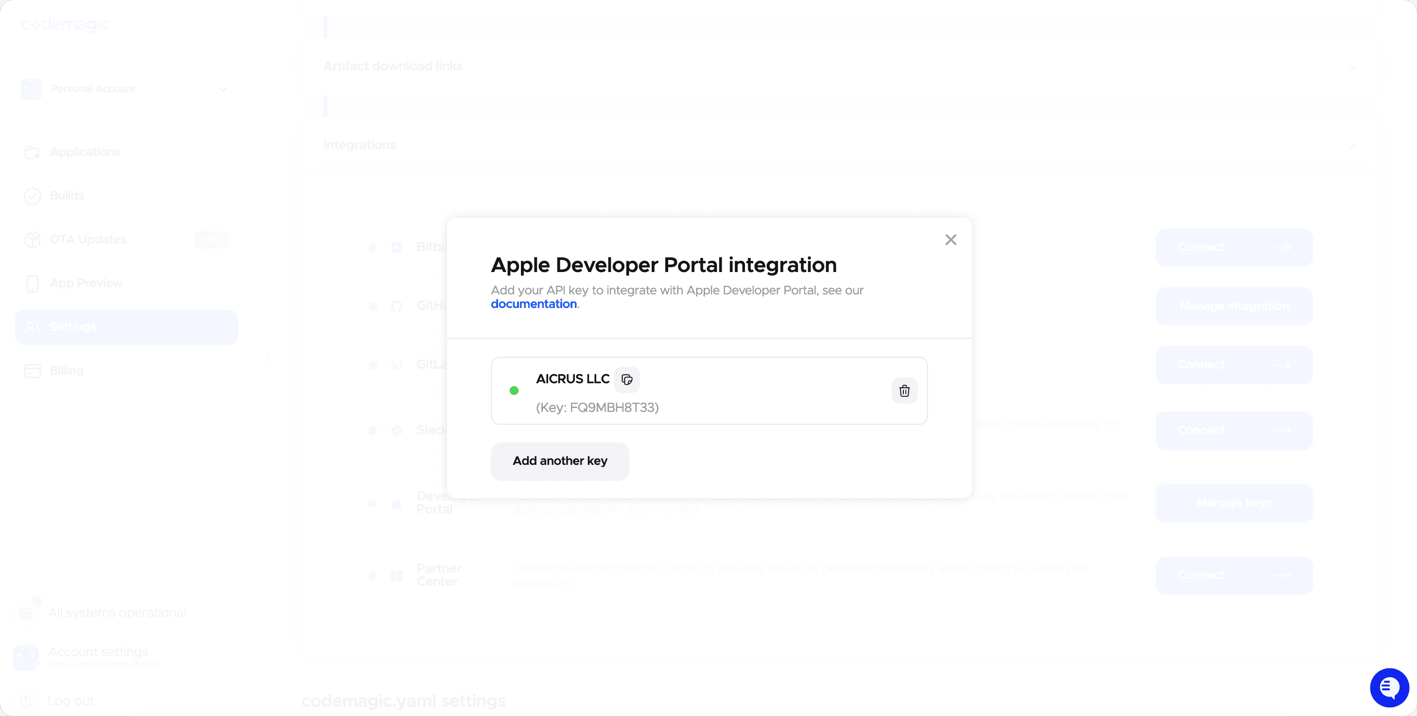 Developer Portal integration connected in the Codemagic dashboard