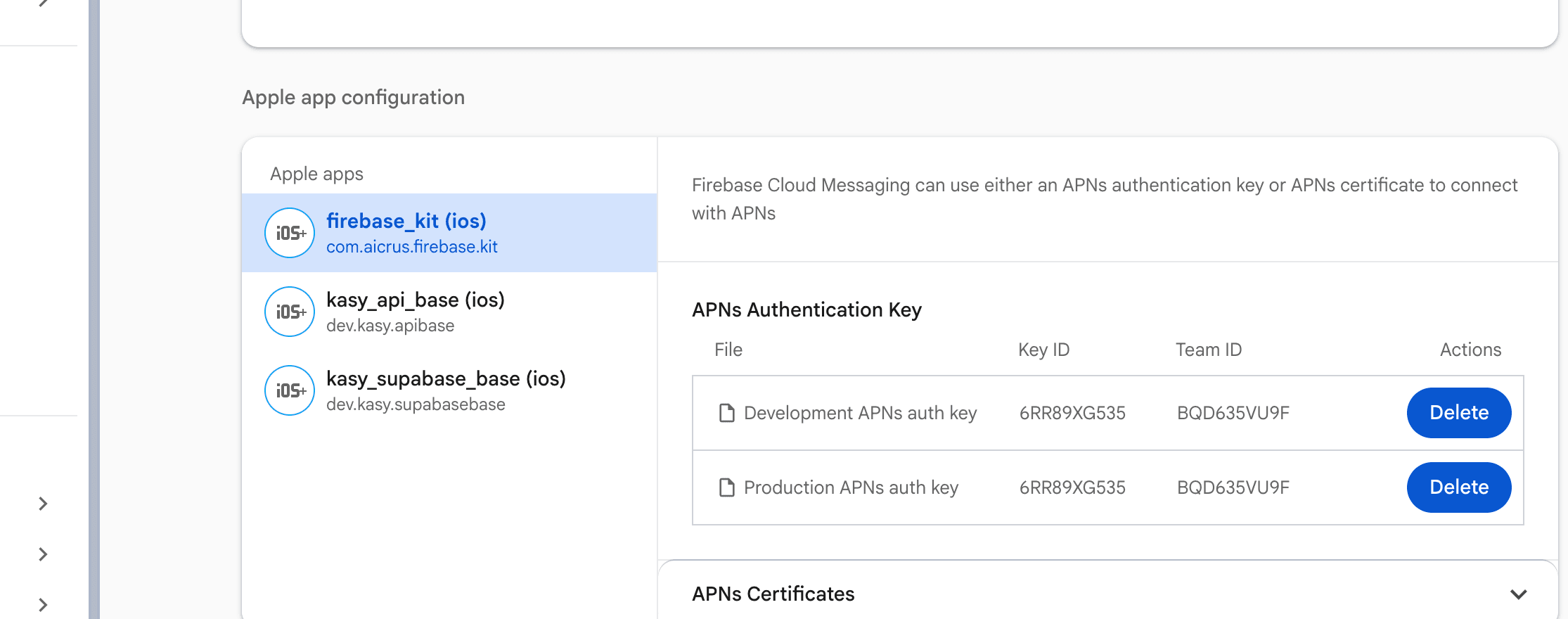 APNs Authentication Key configured in Firebase Cloud Messaging