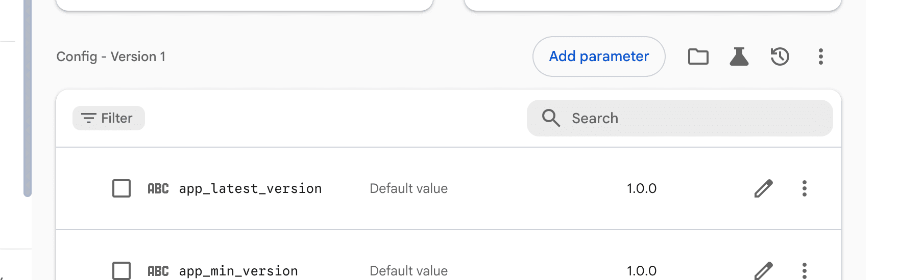 app_latest_version and app_min_version parameters created in Firebase Remote Config