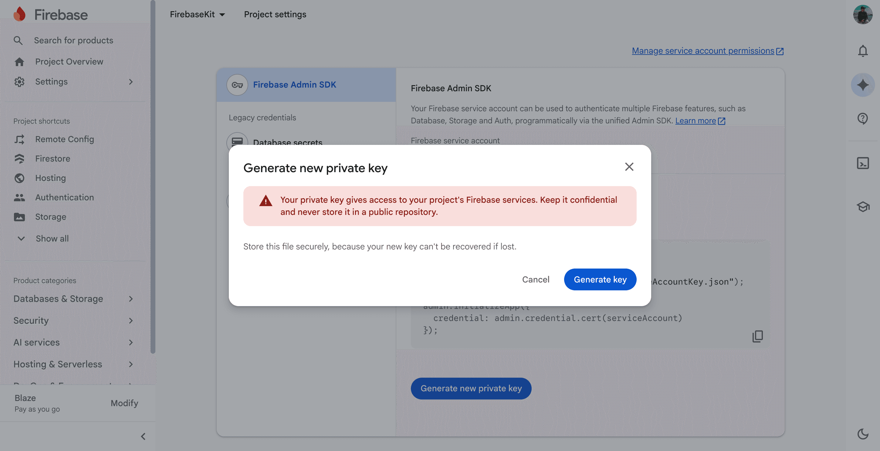 Generate new private key dialog in the Firebase Admin SDK