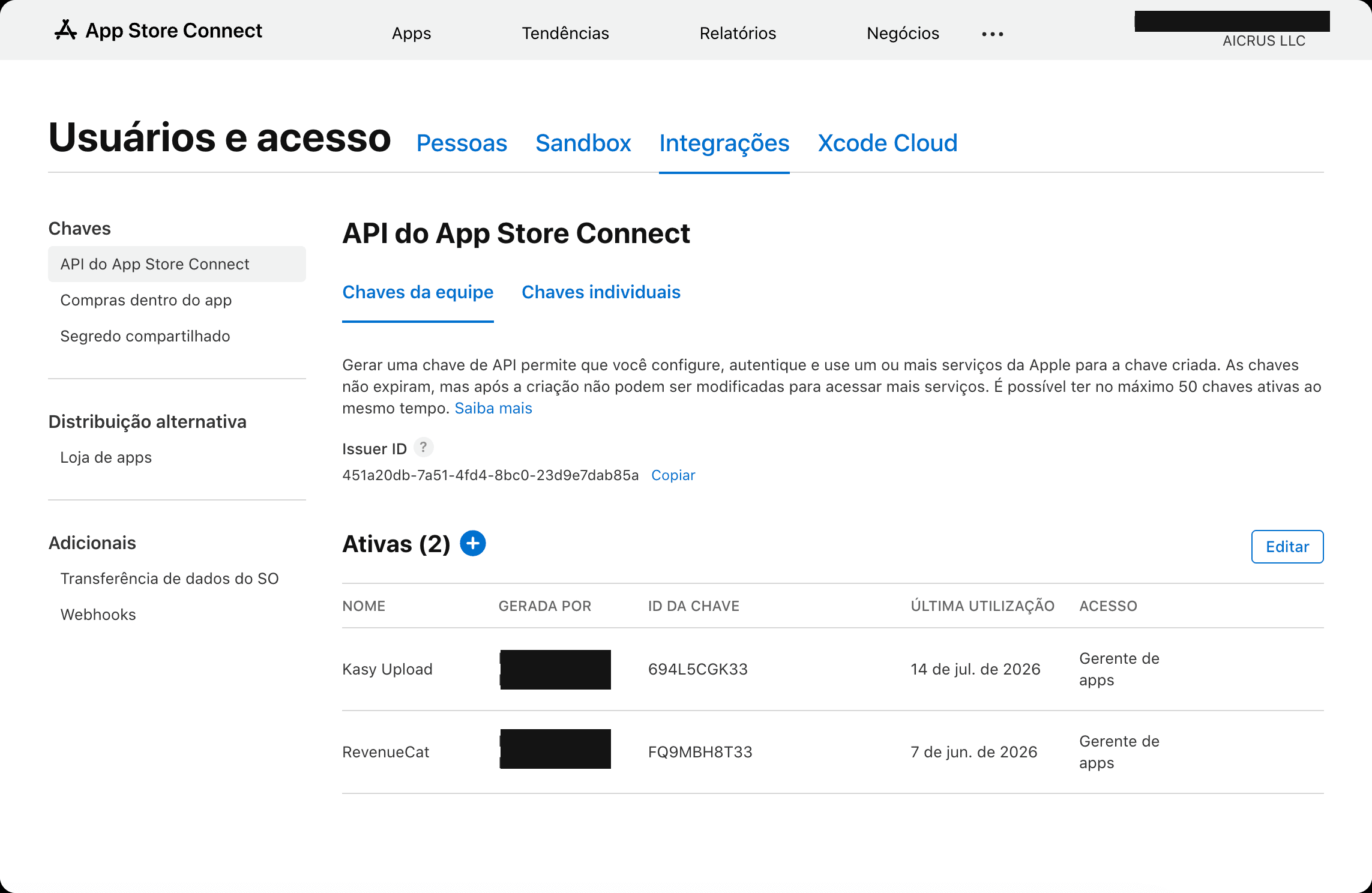 API key in App Store Connect with Key ID and Issuer ID