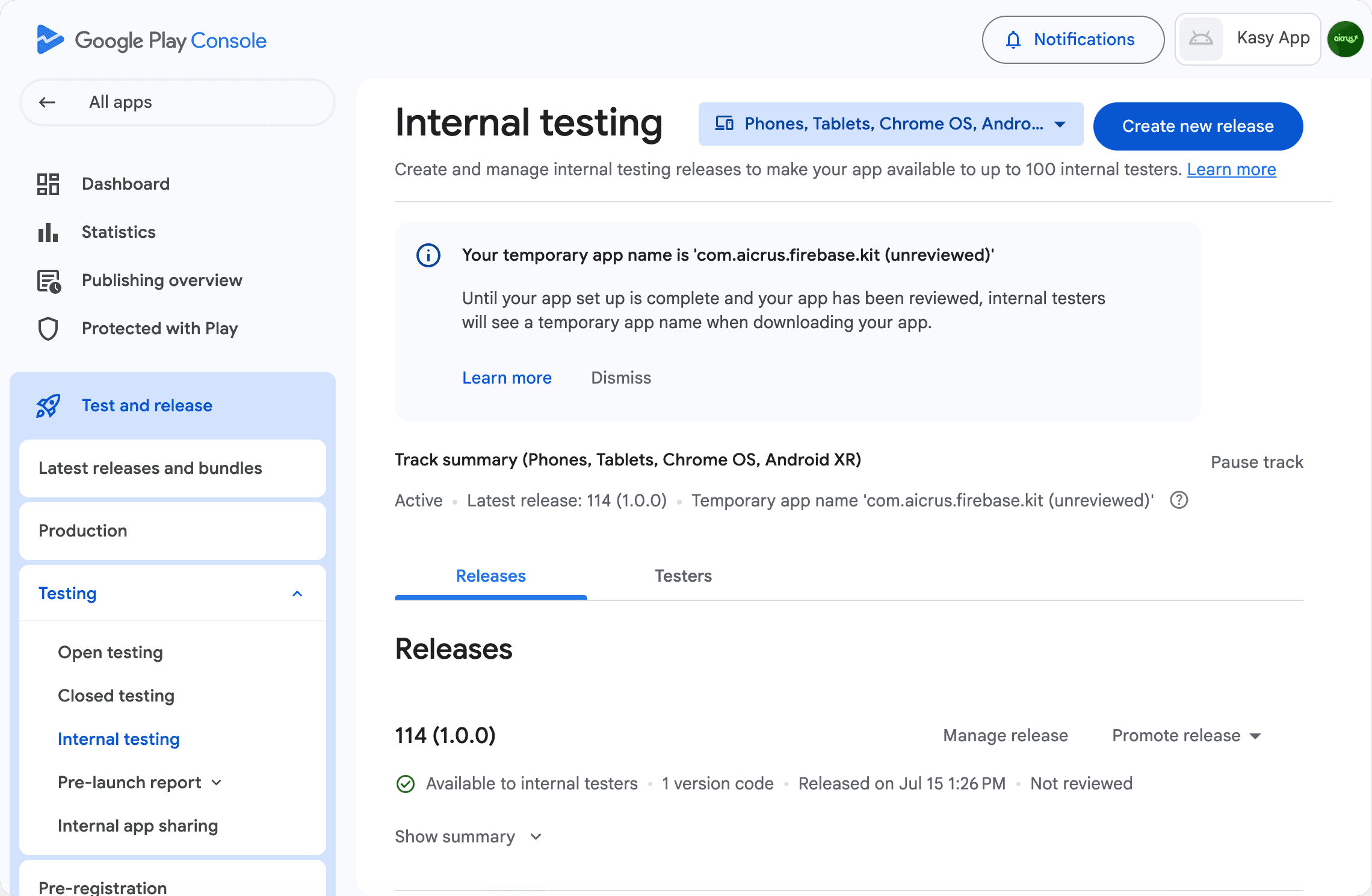 Internal testing track in Google Play Console
