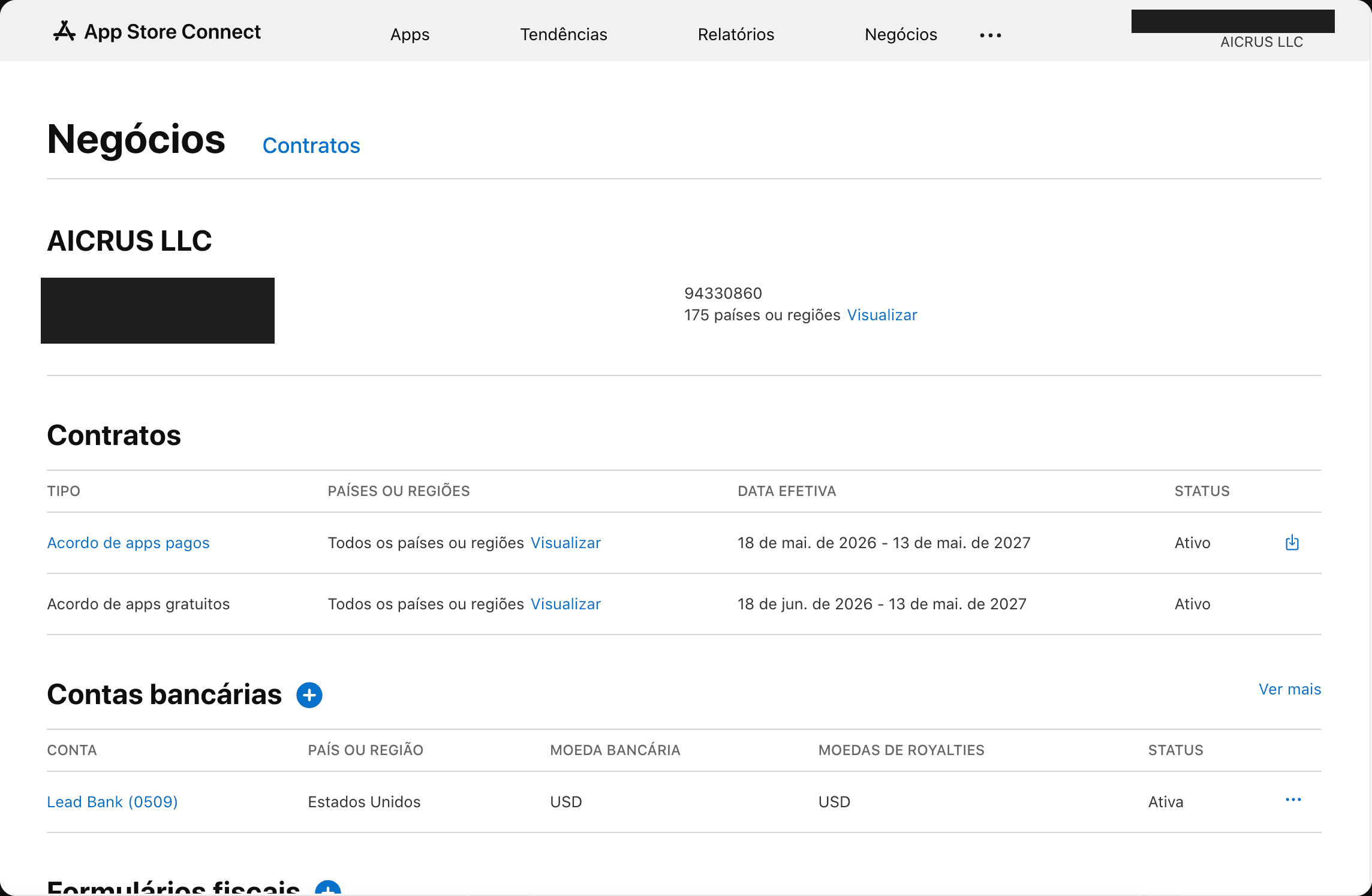 Agreements, Tax, and Banking page in App Store Connect