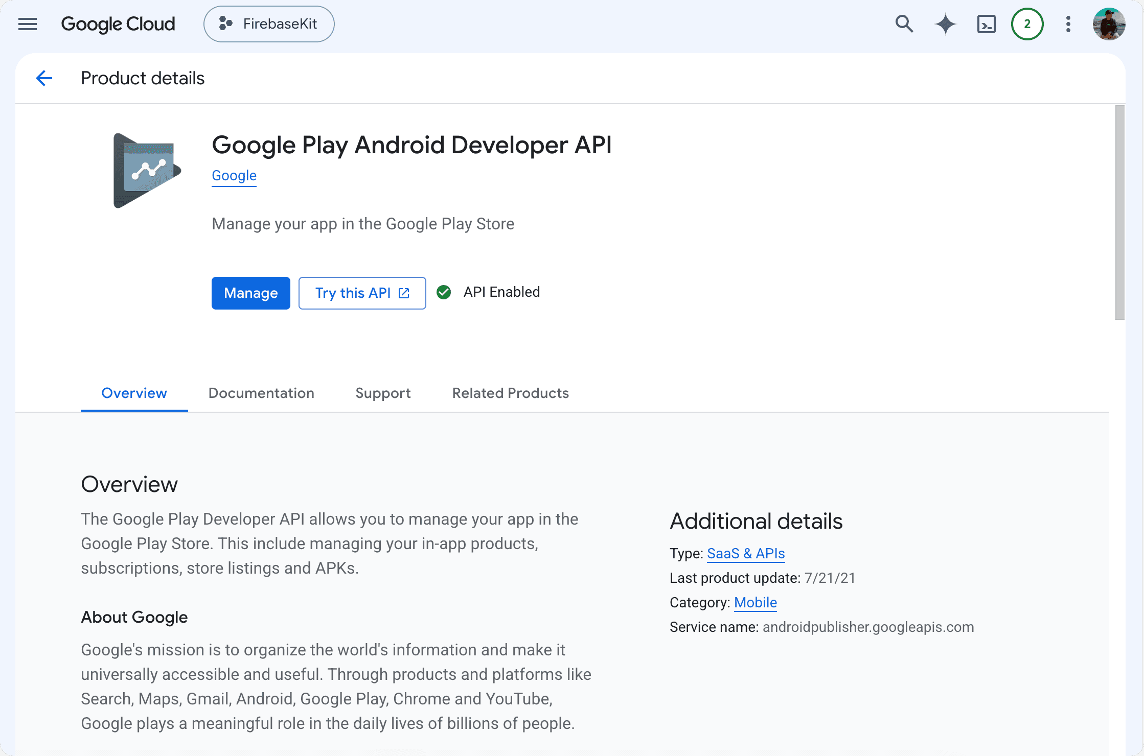 Google Play API enabled in Google Cloud Console