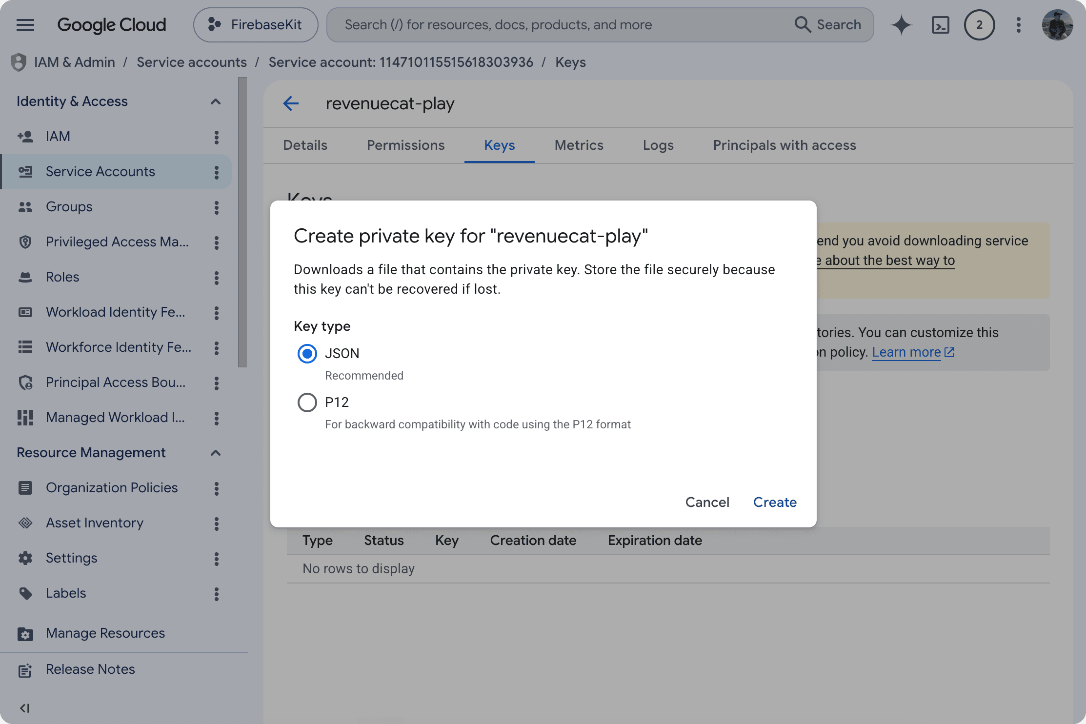 Creating a JSON private key for the Service Account in Google Cloud Console