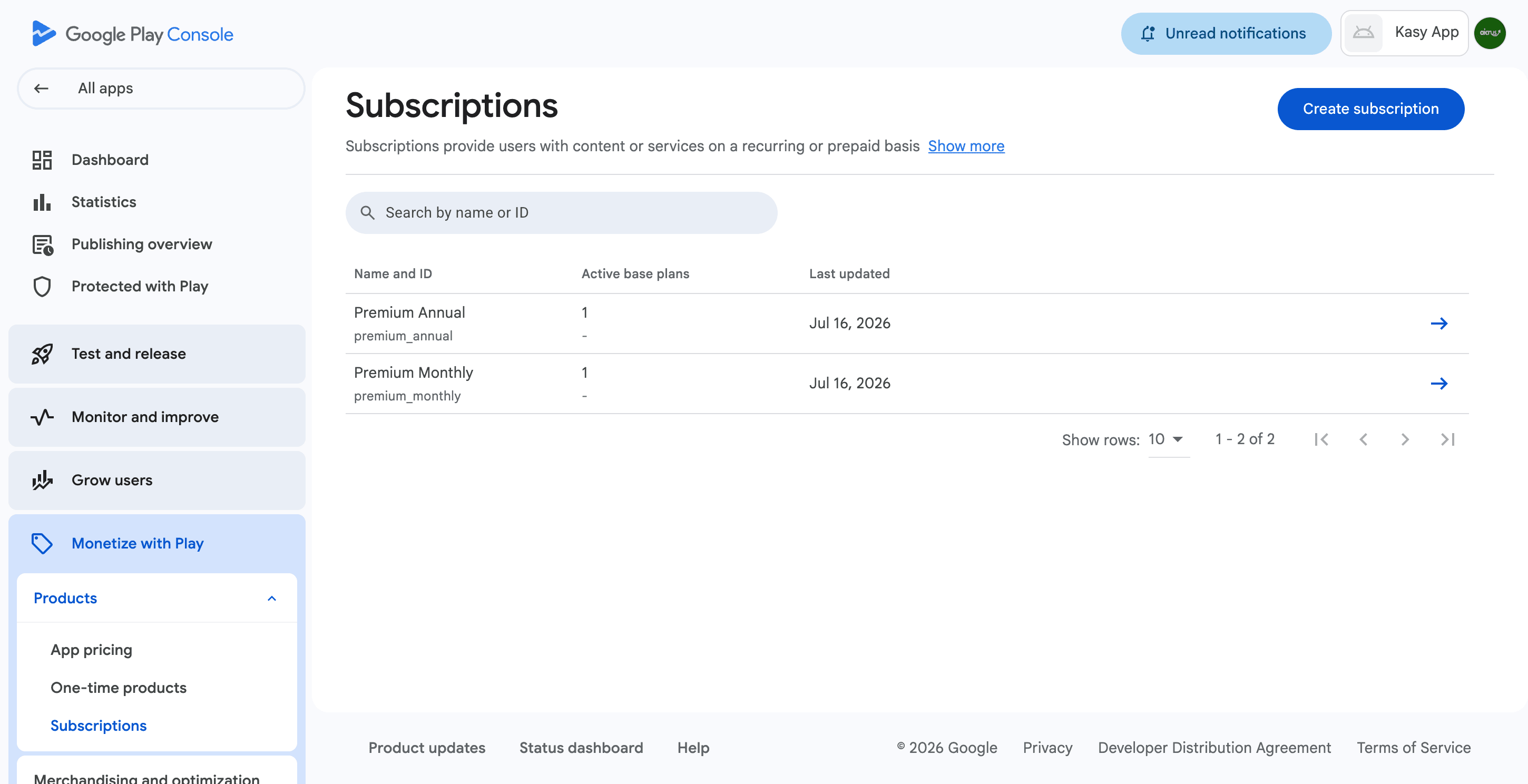 Subscriptions created in Google Play Console