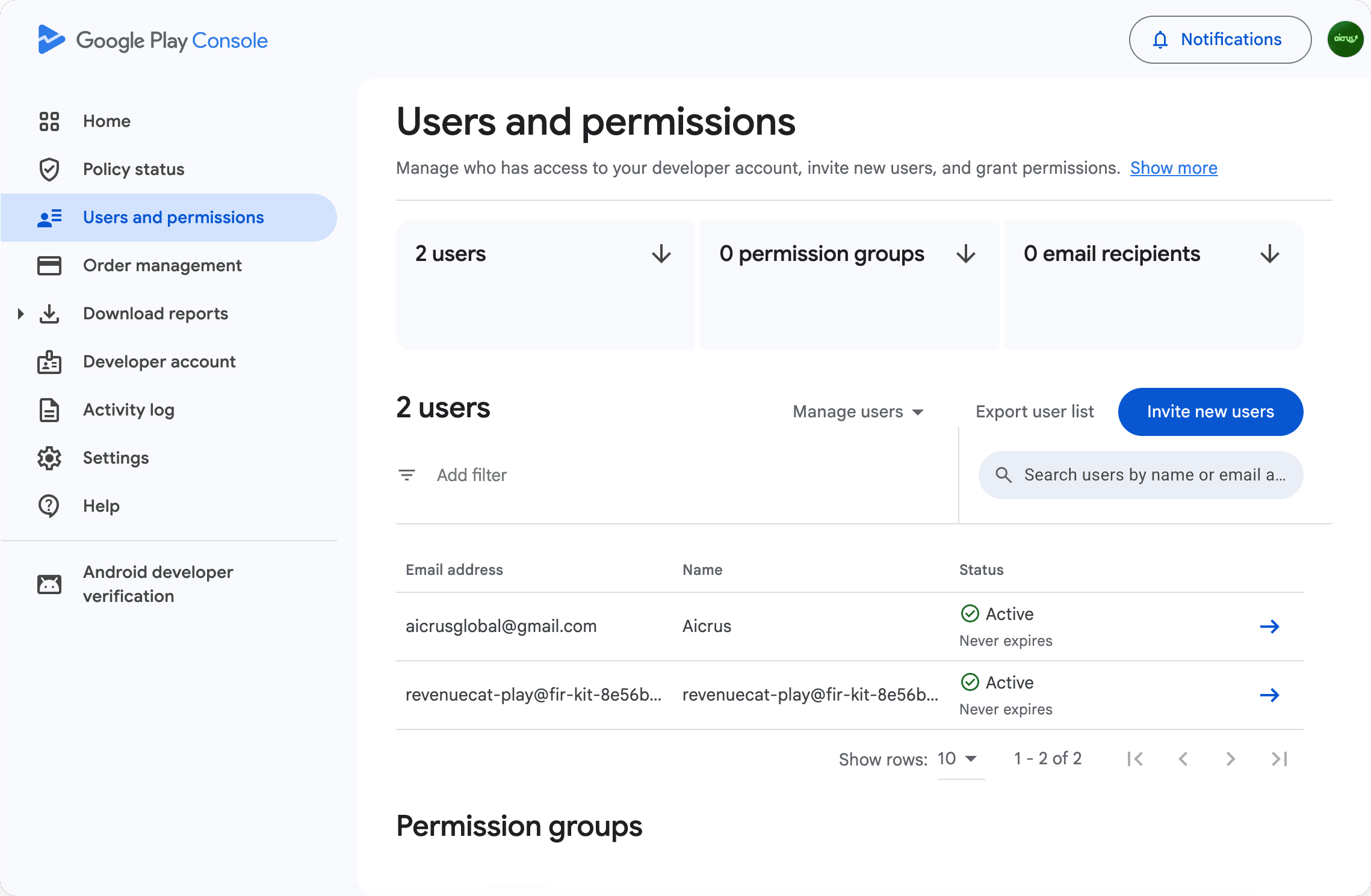 Service Account invitation in Google Play Console