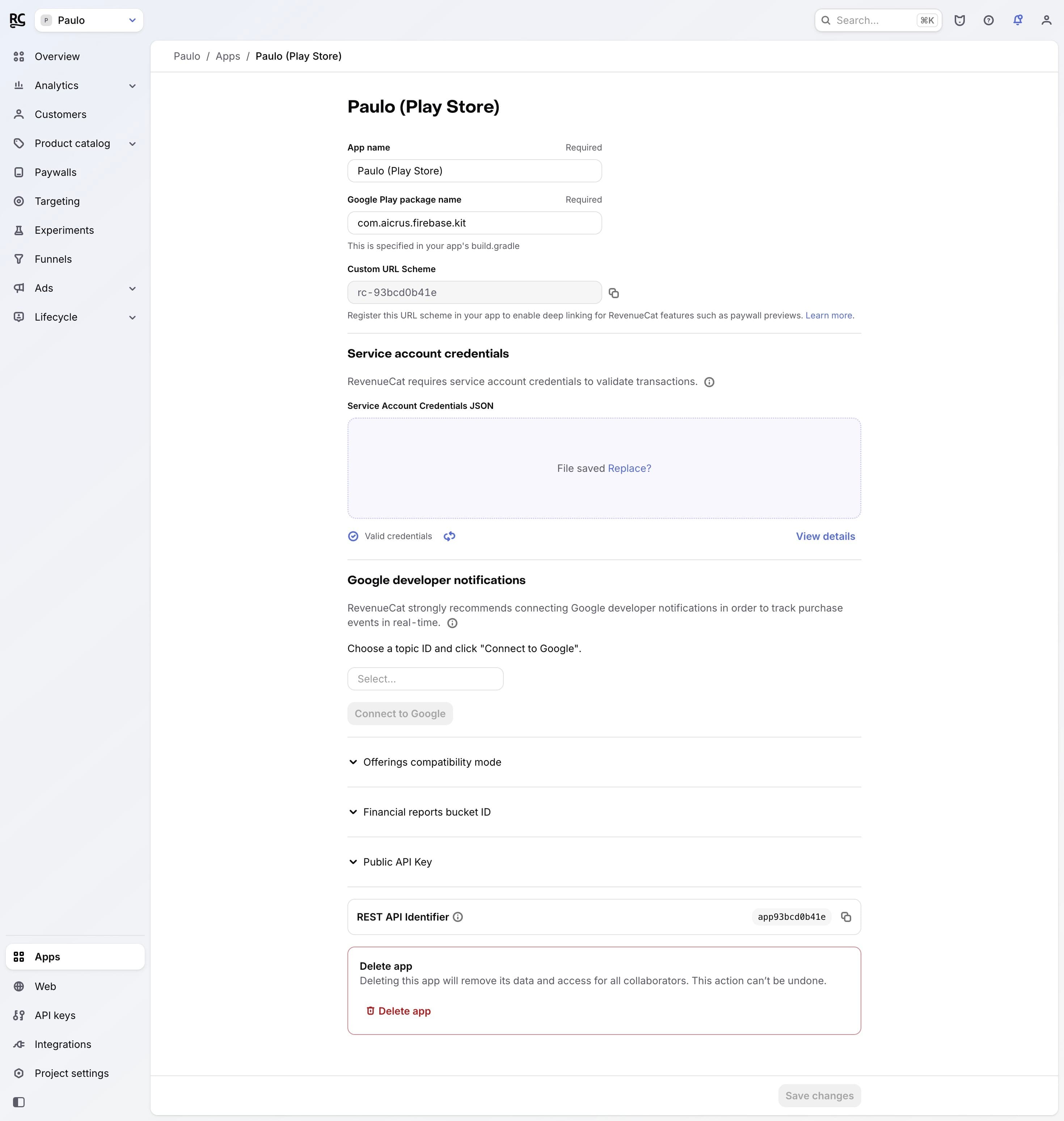 Android app connected in RevenueCat with valid service account credentials