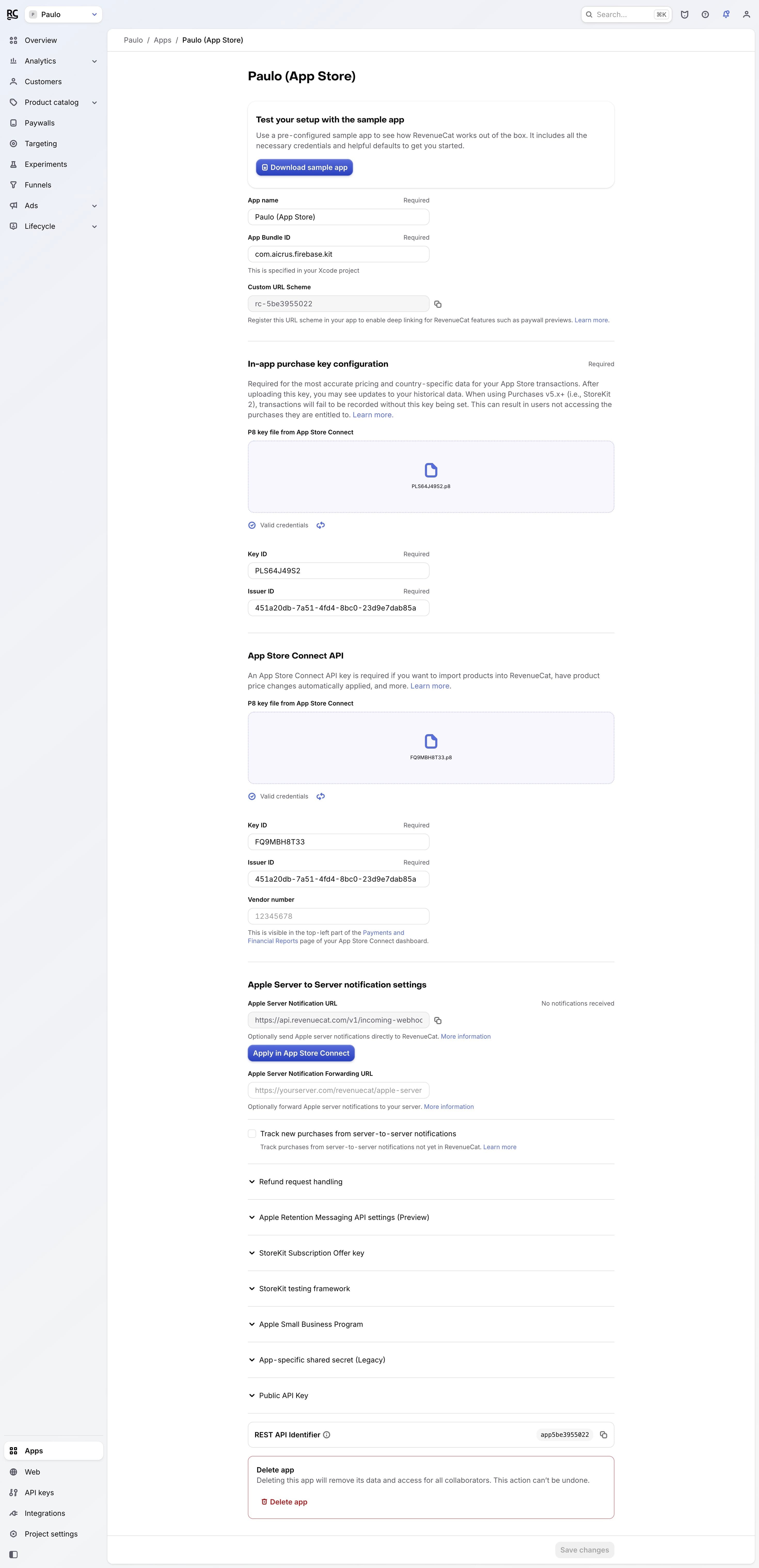 iOS app connected in RevenueCat with valid App Store Connect keys