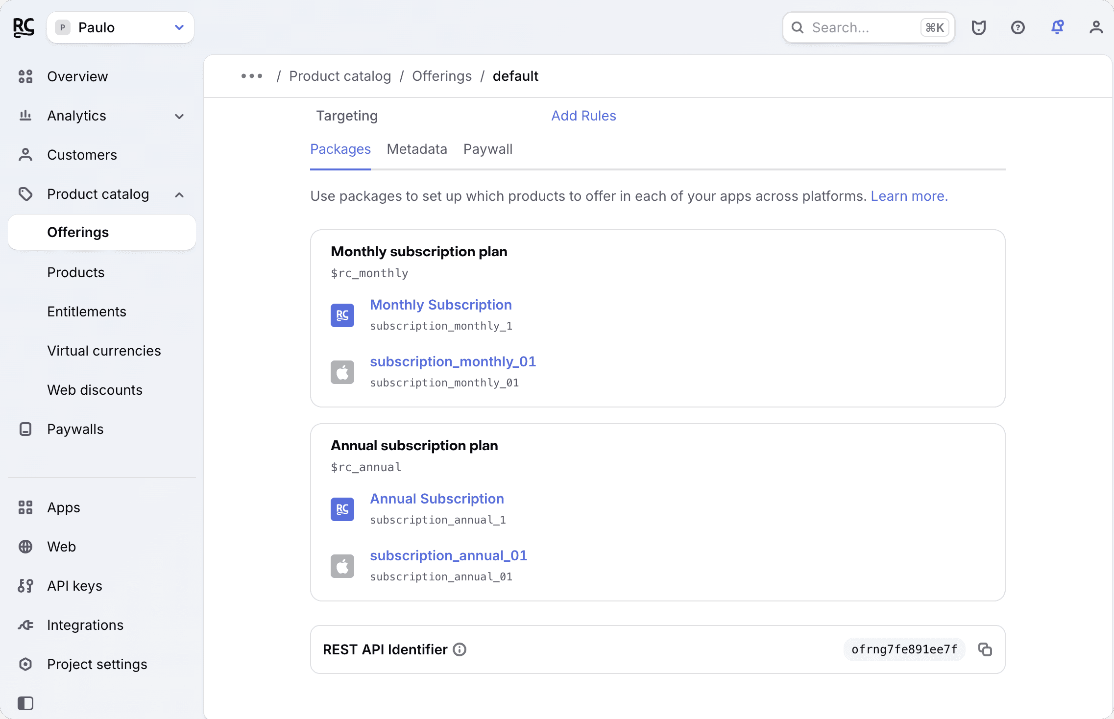 RevenueCat dashboard with Products, Entitlements, and Offerings created