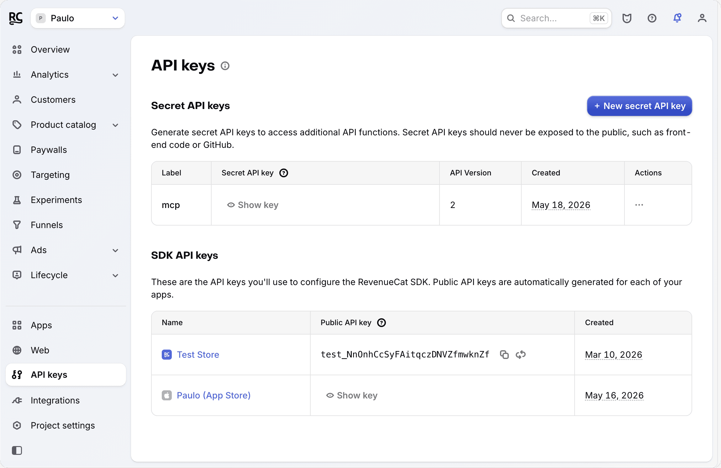 RevenueCat dashboard showing the Test Store app's test_ key under API keys