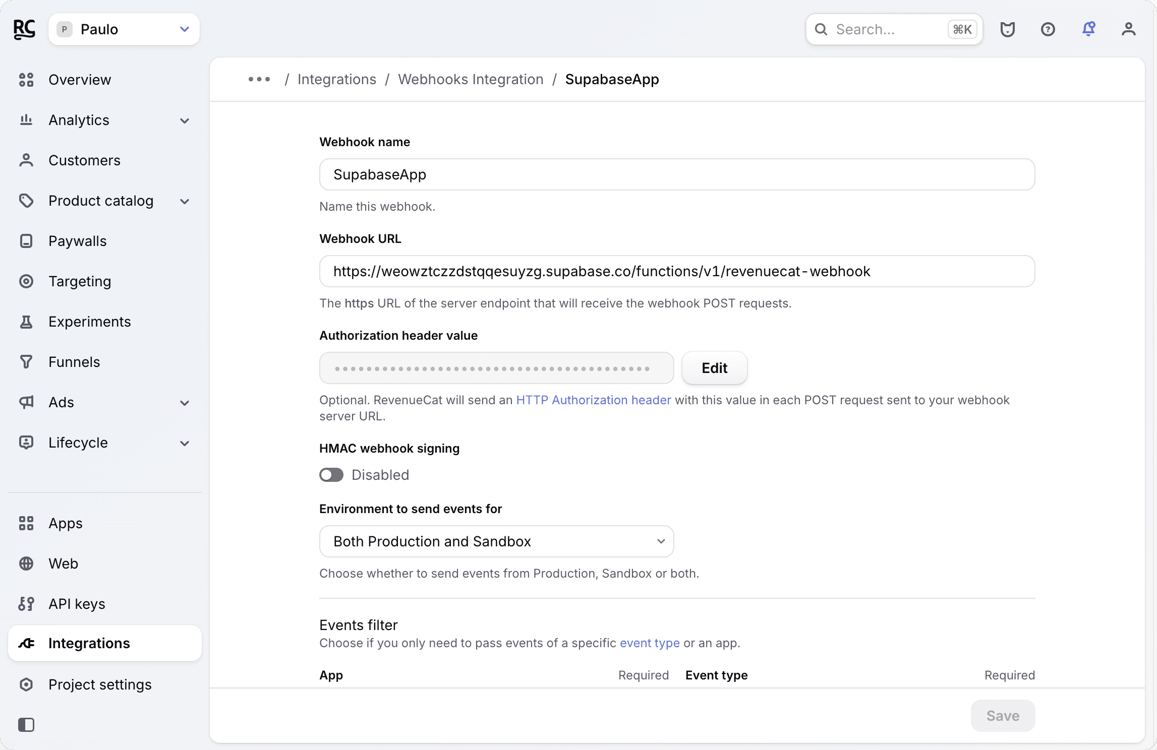 RevenueCat webhook form filled in