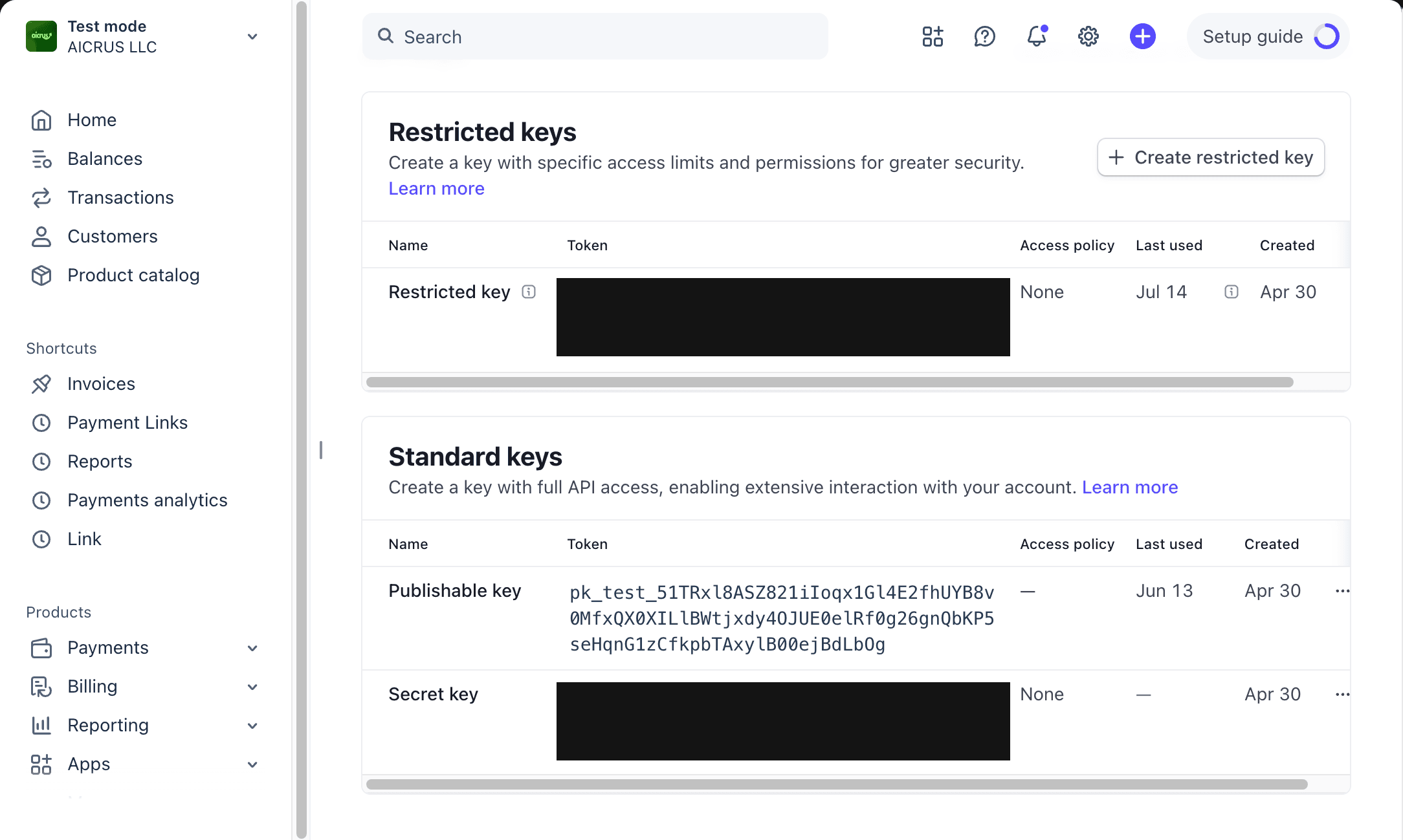 Stripe's API keys page