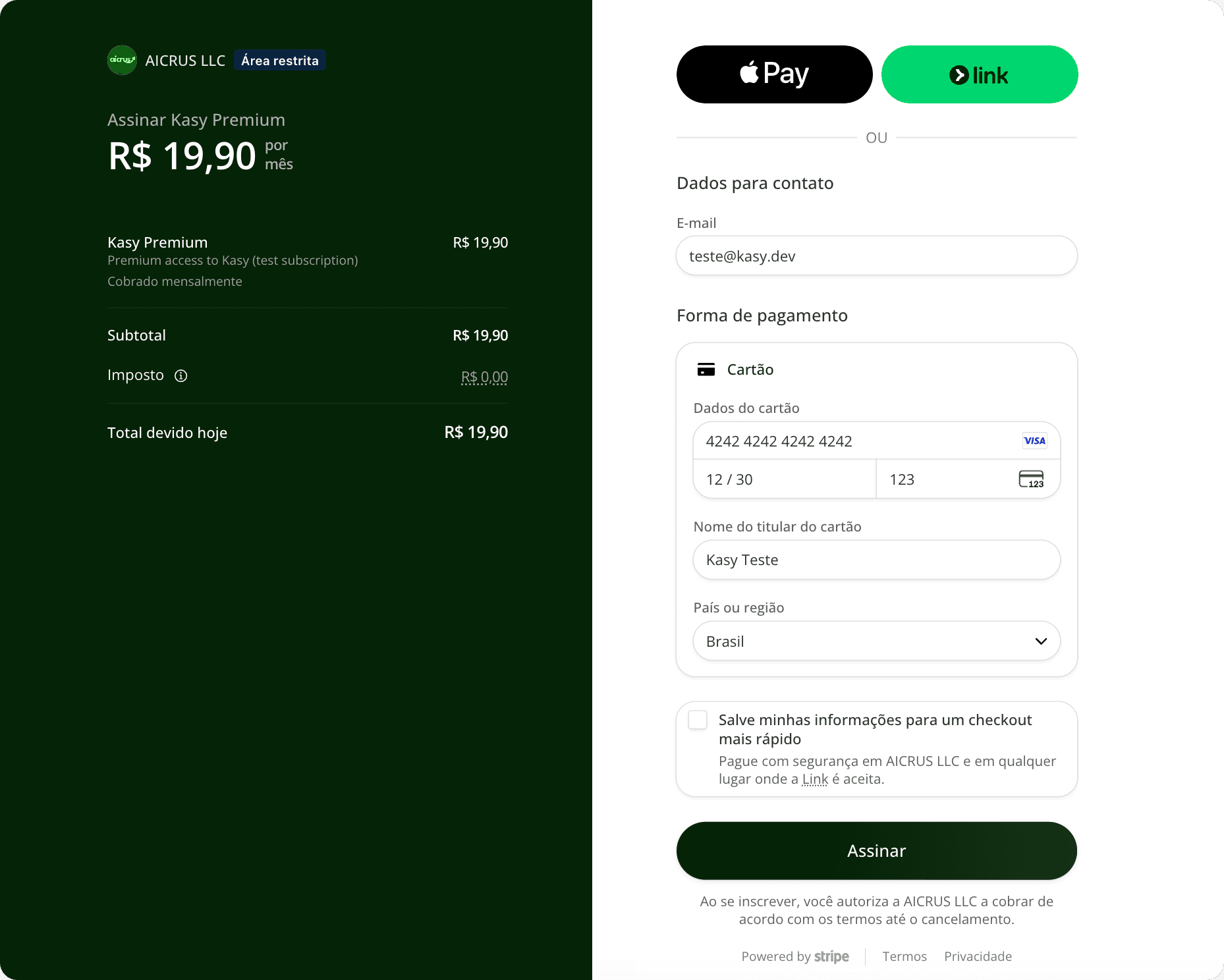 Stripe Checkout with the test card filled in