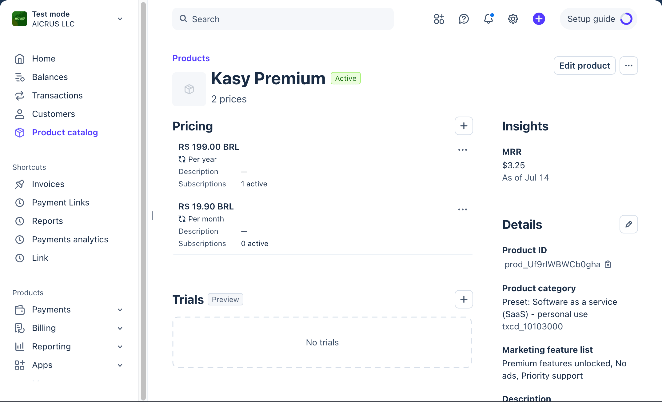 Product in Stripe with monthly and annual prices