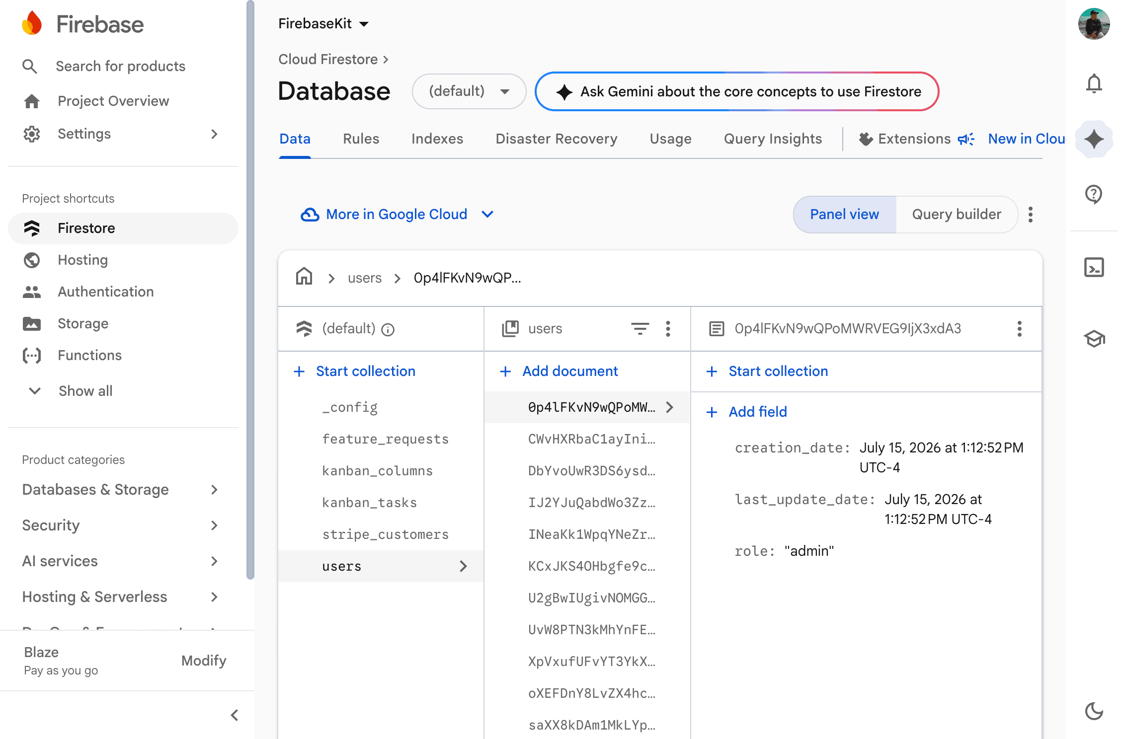 role field set to admin on the user's document in Firestore
