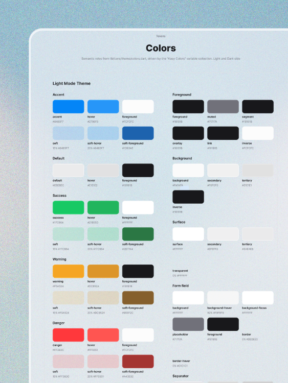 Kasy design system colors and token panel